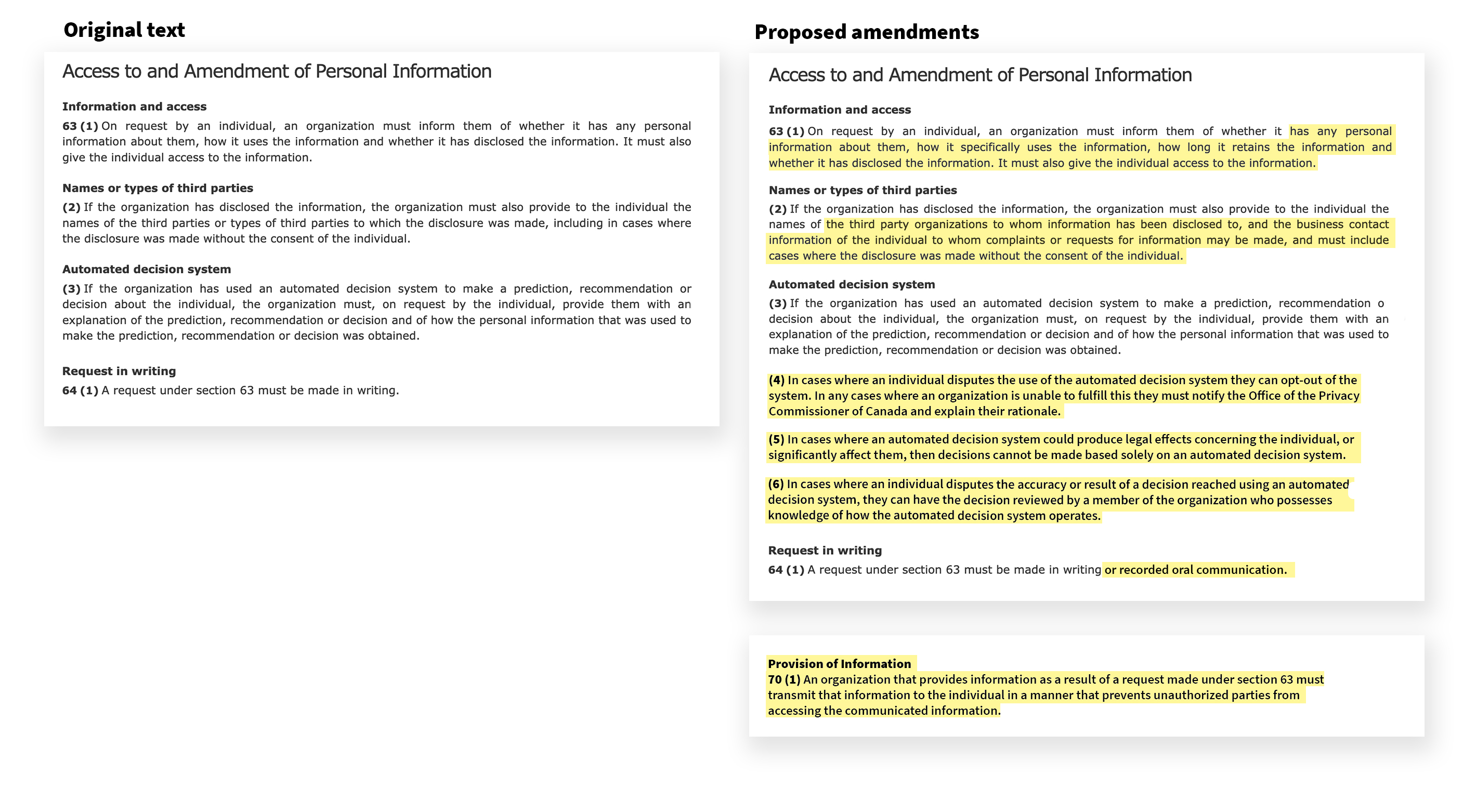 Screengrab of the original bill and proposed amendments to the Bill side by side.