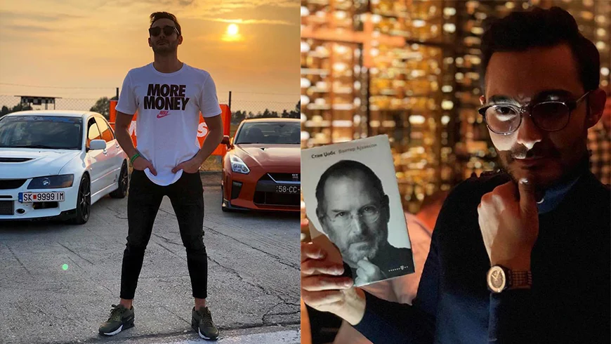 Figure 2: Cytrox CEO Ivo Malinkovksi wearing a “More Money” shirt, and mimicking the cover of Apple co-founder Steve Jobs’ biography. <a href="https://friday.mk/na-prvo-espreso-ivo-malinkovski/">Source</a>.