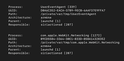 Phone logs showing process names of the commands, and paths to binaries on disk.