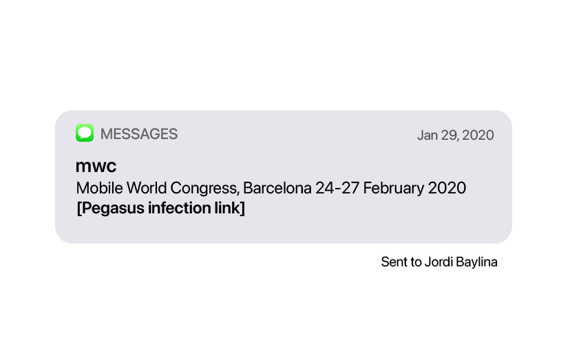 Image of a text notification that was sent to Jordi Baylina. The text message has a malicious infection link.