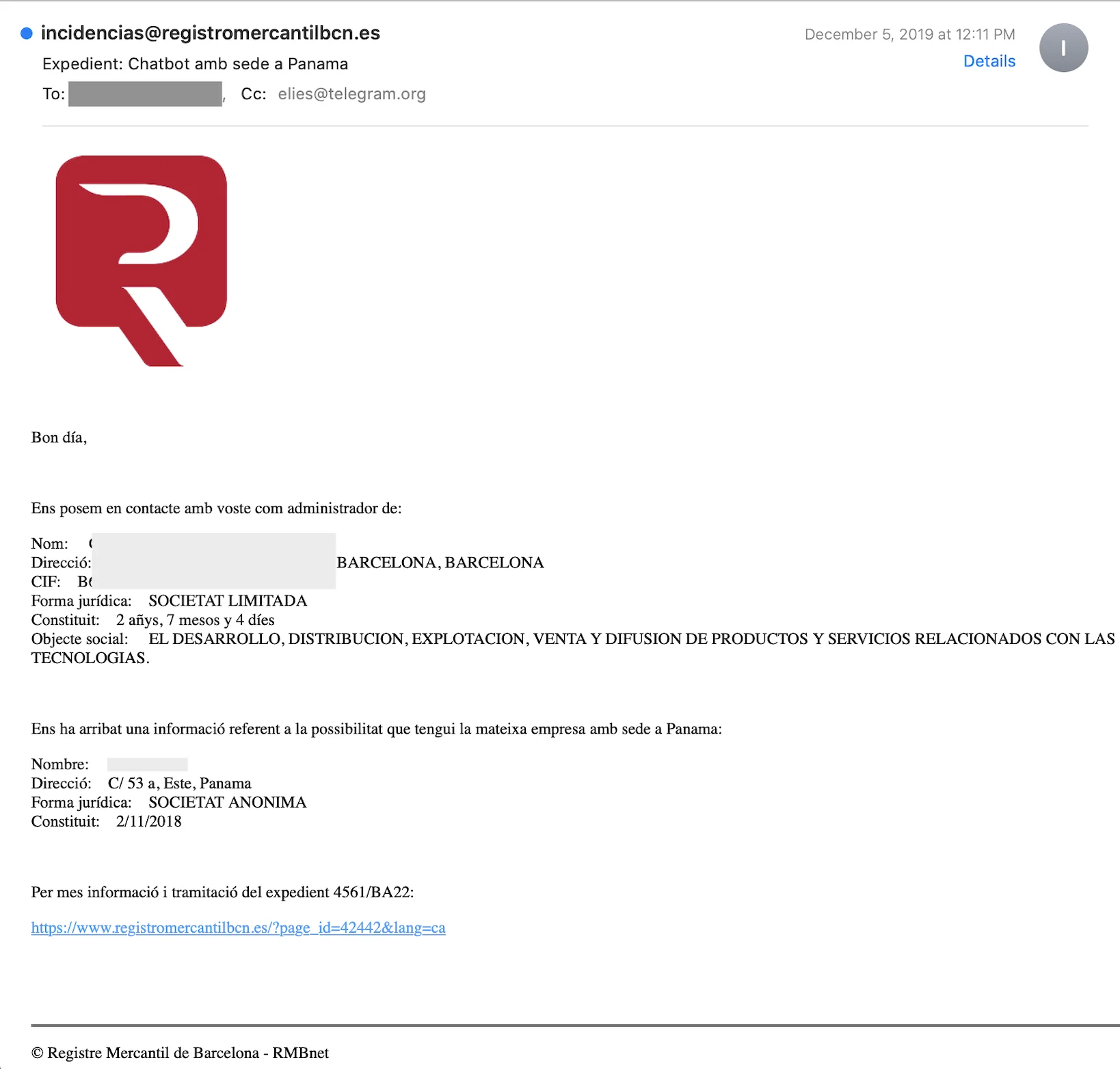 Fake “Barcelona's Mercantile Registry” email. Clicking on the link would result in the infection of the device with Candiru spyware.
