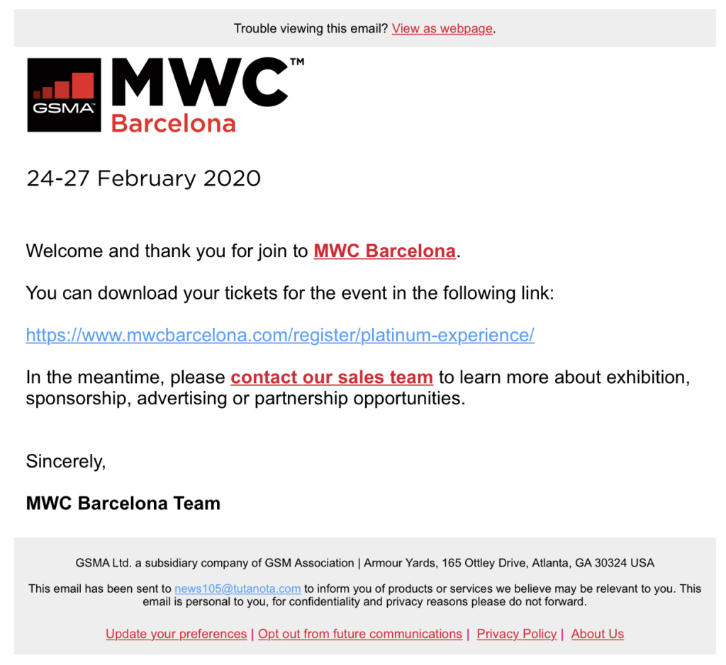 Candiru infection attempt masquerading as a “Mobile World Congress” email.