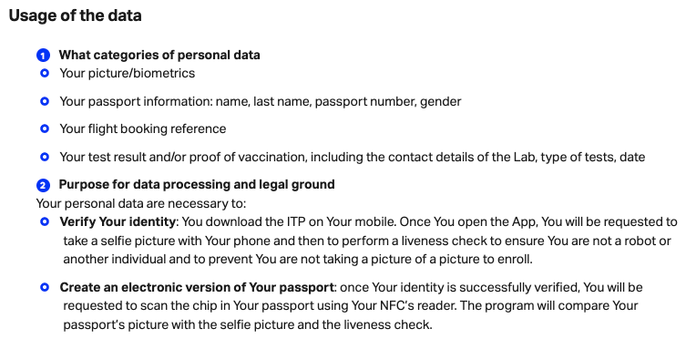 Figure 6: Usage of passport data from ITP Privacy Policy