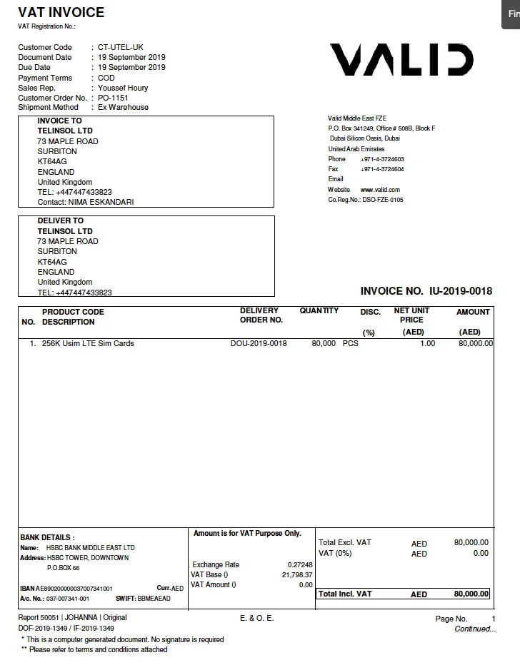 Screenshot of an invoice for SIM Cards ordered by Telinsol and included in the email attachment sent to Ariantel 