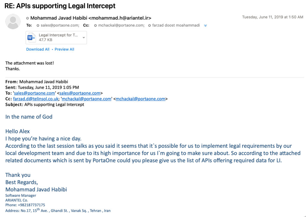 Screenshot of an email from Ariantel to PortaOne providing a project overview document including the required data for CRA Legal Intercept