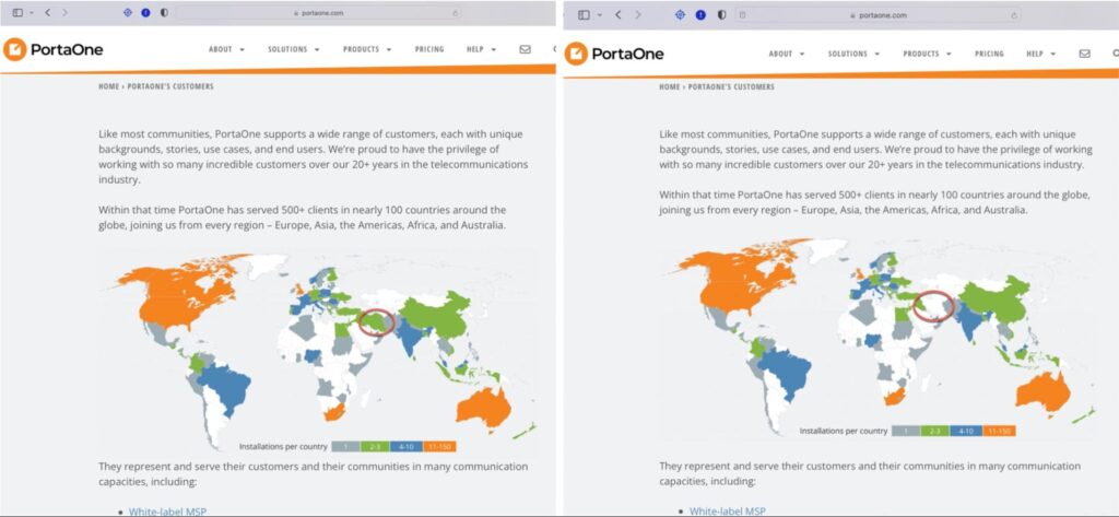 The customer installation map on the PortaOne website taken on January 10, 2023 (left) and on January 11, 2023, at 12pm Eastern (right). Circle was added to highlight Iran. 