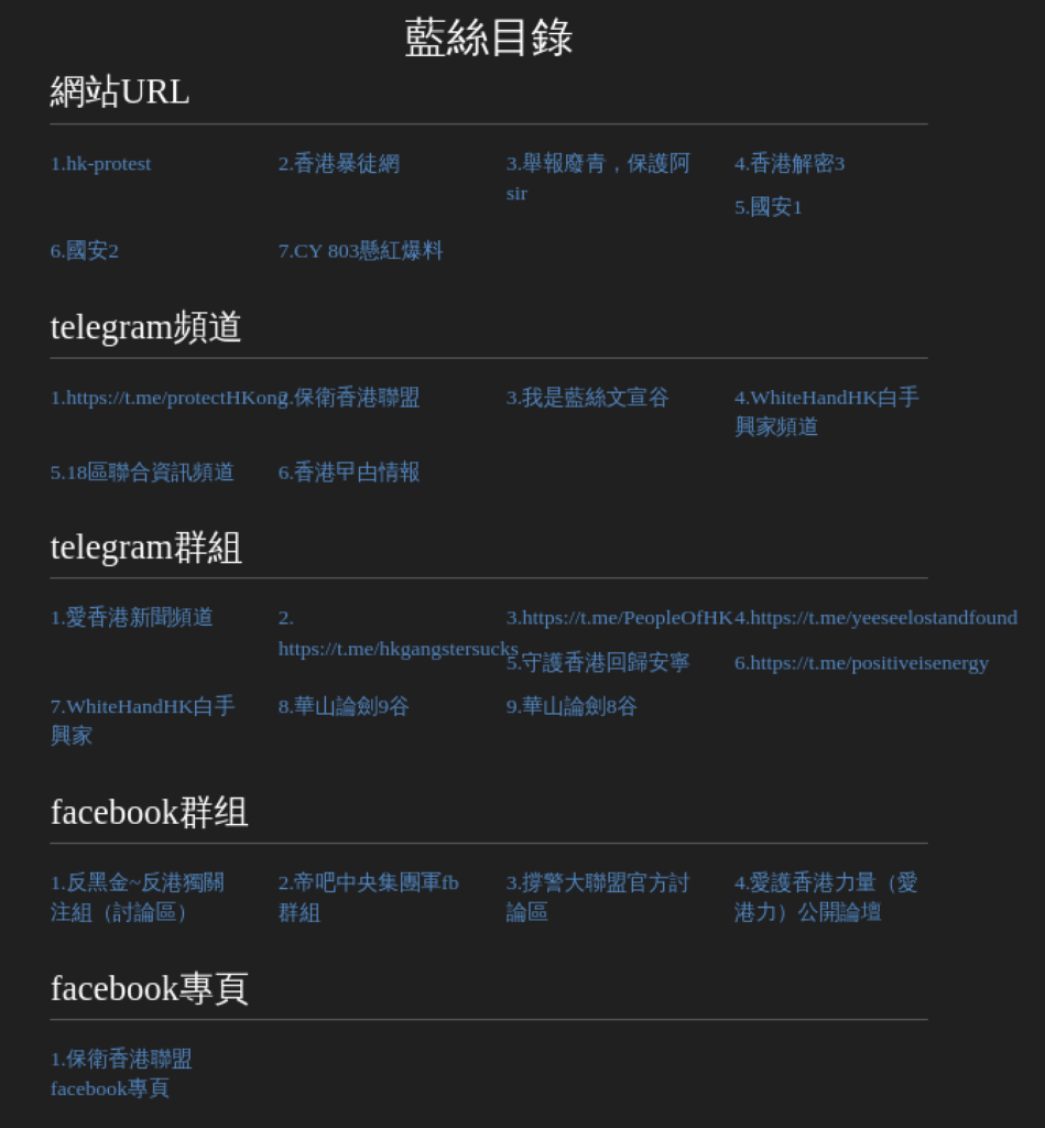 December 5, 2019 capture of the “Links” section of hongkongmob[.]com, listing the digital assets that the website’s operators dubbed as the Blue Ribbon network.