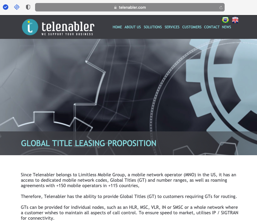 Telenabler global title leasing web page.