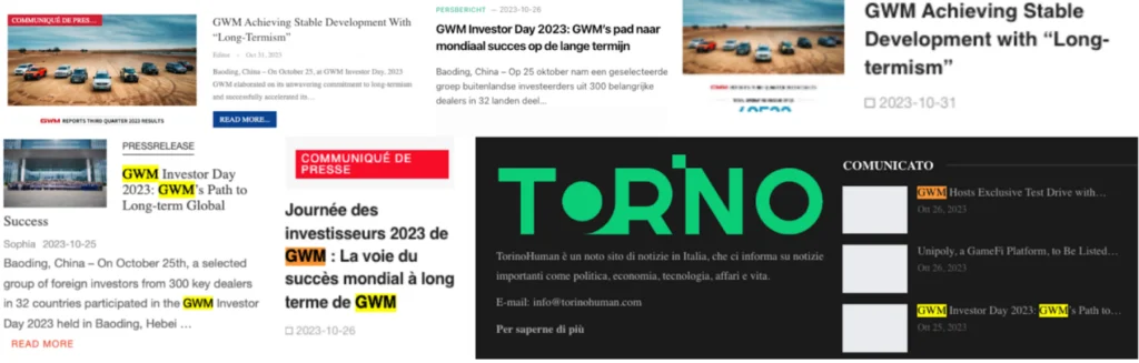 Examples of a commercial press release related to a company called Great Wall Motor being posted to six different PAPERWALL websites within the span of six days (25 to 31 October 2023). Note: we did not find any evidence that GWM was aware of its content being promoted as part of a deceptive coordinated campaign.