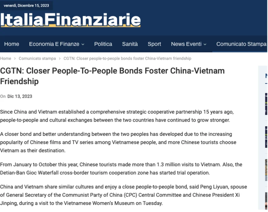 Example of CGTN (Chinese state media) article reposted, verbatim, by the PAPERWALL website italiafinanziarie[.]com on December 13, 2023
