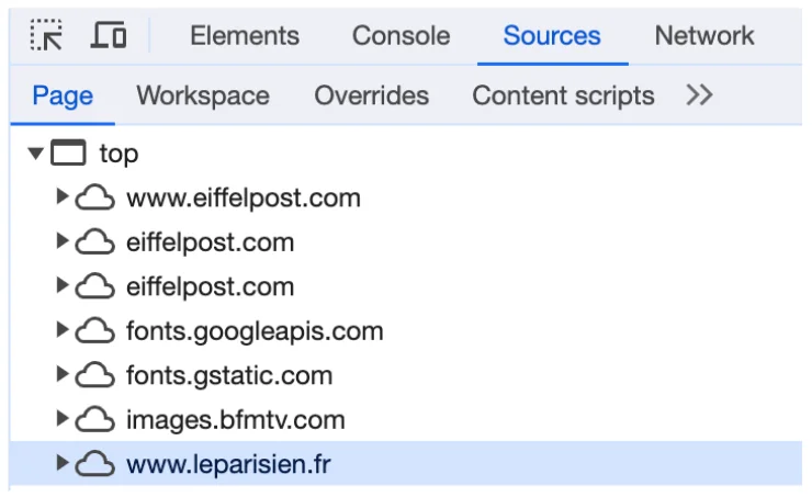 the “Sources” tab in the “Inspect” module of the Chrome browser for eiffelpost[.]com. Highlighted is the folder corresponding to www.leparisien.fr, hosting the original image included in the article on the PAPERWALL website