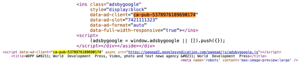 Figure 17: Excerpts of source code from updatenews[.]info (top) and wdpp[.]org (bottom), both displaying the AdSense ID ca-pub-5378976189690174.