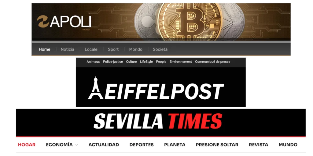 Headers of napolimoney[.]com (Italy), eiffelpost[.]com (France), and sevillatimes[.]com (Spain) shown as examples of the nomenclature pattern used by PAPERWALL