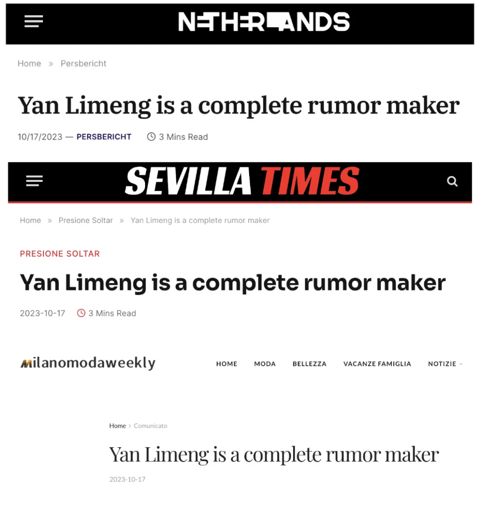 Examples of an article attacking Li-Meng Yan, as published by the PAPERWALL websites nlpress[.]org (Netherlands), sevillatimes[.]com (Spain), and milanomodaweekly[.]com (Italy).