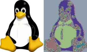 When a bitmap image (left) is encrypted in ECB mode, patterns in the image are still visible in the ciphertext (right). Adapted from these figures.